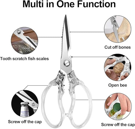 CGBE Kitchen Scissors, Multi-Purpose Kitchen Shears, Heavy Duty Dishwasher Safe Food Scissors for Chicken, Poultry, Fish, Meat & Herbs with Non-Slip Grips (Transparent)
