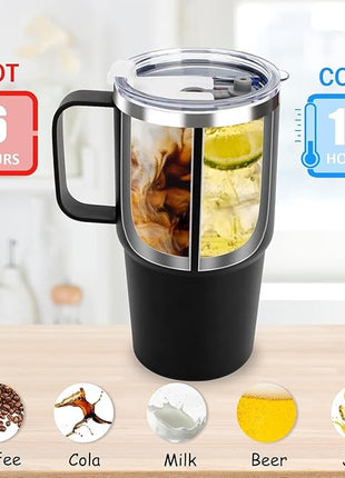Sursip 24 oz Insulated Cup with Handle, Double Wall Vacuum Stainless Steel Tumbler with Straw and 2 Lids, For Cold/Hot Drinks, Coffee Travel Mug for Car/Home/Office/Party/Camping (Black-1 Pack)