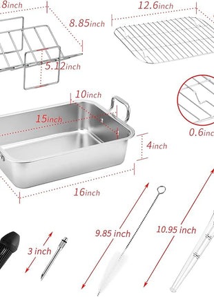 15 Inch Stainless Steel Roasting Pan with V-Shaped Rack and Turkey Baster - Rectangular Roaster for Turkey, Chicken, Vegetables - Fits 20lb Turkey