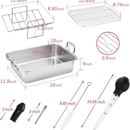 15 Inch Stainless Steel Roasting Pan with V-Shaped Rack and Turkey Baster - Rectangular Roaster for Turkey, Chicken, Vegetables - Fits 20lb Turkey