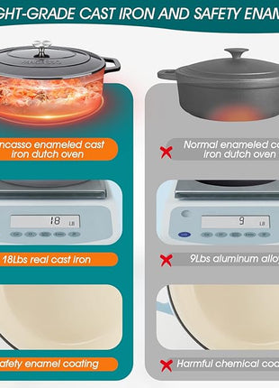 vancasso Enameled Cast Iron Oval Dutch Oven, 9.3 Quart with Non-Stick Enamel Coating for Bread Baking, Black Double Handle Pot with Lid