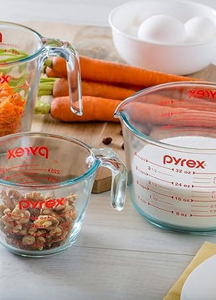 Pyrex Essentials (3-Pack) Glass Measuring Cups Set, (1, 2 & 4 Cup) Measuring Cups For Prepping, Baking and Cooking, Preheated Oven, Dishwasher, Freezer, and Microwave Safe