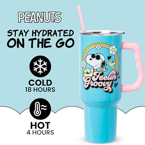 Silver Buffalo Peanuts Featuring Snoopy and Woodstock Feelin' Groovy Stainless Steel Tumbler with Handle and Straw, Fits in Standard Cup Holder, 40 Ounces