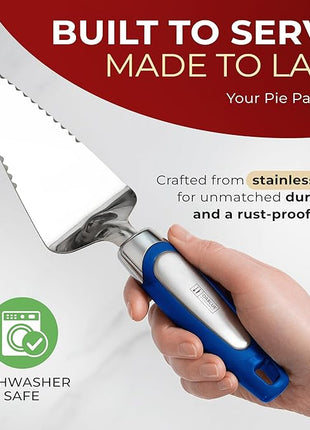 Orblue Pie Server, Essential Kitchen Tool, Serrated on Both Sides, Great for Right or Left Handed Chef, Stainless Steel Flatware, Cake Cutter, Royal Blue