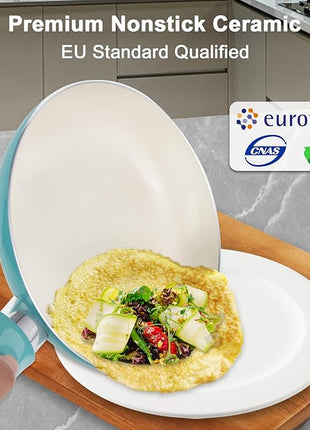 Pots and Pans Set Nonstick, 11pcs Kitchen Cookware Sets Induction Cookware, Ceramic Non Stick Cooking Set, Stay Cool Handle & Bamboo Kitchen Utensils, 100% PFOA Free, Turquoise