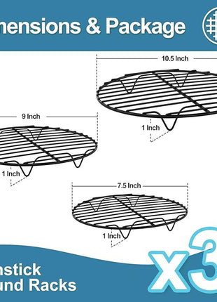 P&P CHEF Round Cooling Rack Set, Round Wire Racks for Cooking Baking, Fit Air Fryer & Oven, Stainless Steel Core with Nonstick Coatings, Black, 3 PCS - 7.5 & 9 & 10.5 Inch