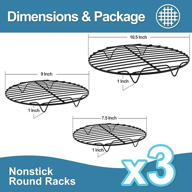 P&P CHEF Round Cooling Rack Set, Round Wire Racks for Cooking Baking, Fit Air Fryer & Oven, Stainless Steel Core with Nonstick Coatings, Black, 3 PCS - 7.5 & 9 & 10.5 Inch