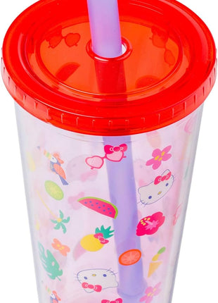 Silver Buffalo Sanrio Hello Kitty Tropical Summer Plastic Boba Tumbler with Lid and Wide Straw, 24 Ounces