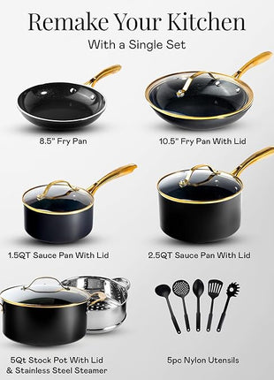 Gotham Steel 15 Pc Ceramic Cookware Set Nonstick, Ceramic Pots and Pans Set Non Stick with Steamer & Cooking Utensils, Non Toxic PFOA PFOS Free, Premium Stay Cool Handles, Oven & Dishwasher Safe