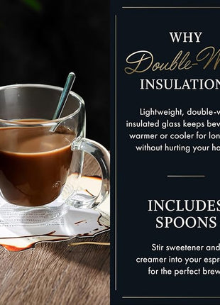 ELIXIR GLASSWARE Double Wall Espresso Shot Glass - 5.4 oz - Set of 2 Glass Coffee Mugs - Double Walled Glass Coffee Mugs, Insulated Clear Glass Espresso Mugs, Double Wall Insulated Glasses