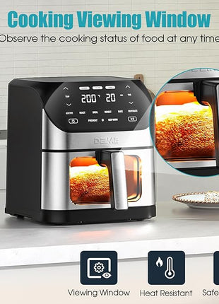 Air Fryer 6.2 QT Large Capacity Oilless Hot Air Fryers Oven 1500W Healthy Cooker with 10 Presets, Digital LCD Touch Screen, Visual Cooking Window, Non-Stick Basket, Included Recipe (Silver-L)