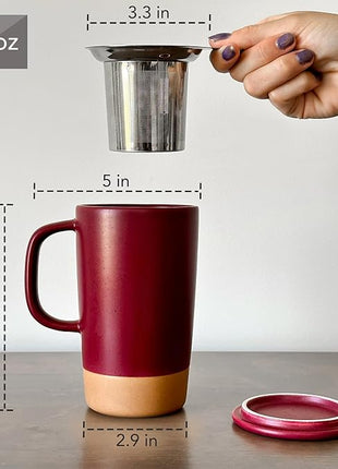 Mora Ceramics Large Tea Mug with Loose Leaf Infuser and Ceramic Lid, 18 oz, Portable, Microwave and Dishwasher Safe, Tall Coffee Cup - Rustic Matte Ceramic Glaze, Modern Herbal Tea Strainer, Merlot