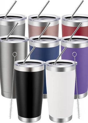 MEWAY 20oz Tumbler 8 Pack Double Wall Vacuum Insulated Travel Mug Bulk, Mix Color Stainless Steel Tumblers with Lid and Straw, Durable Powder Coated Coffee Cups for Cold & Hot Drinks（Mix Color, 8