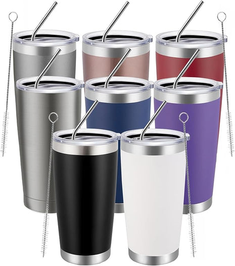 MEWAY 20oz Tumbler 8 Pack Double Wall Vacuum Insulated Travel Mug Bulk, Mix Color Stainless Steel Tumblers with Lid and Straw, Durable Powder Coated Coffee Cups for Cold & Hot Drinks（Mix Color, 8