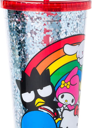 Silver Buffalo Sanrio Hello Kitty and Friends Featuring Cinnamoroll, Badtz-Maru, My Melody, Pompompurin, Tuxedo Sam, and Chococat Rainbow Plastic Confetti Cold Cup with Lid and Straw, 32 Ounces