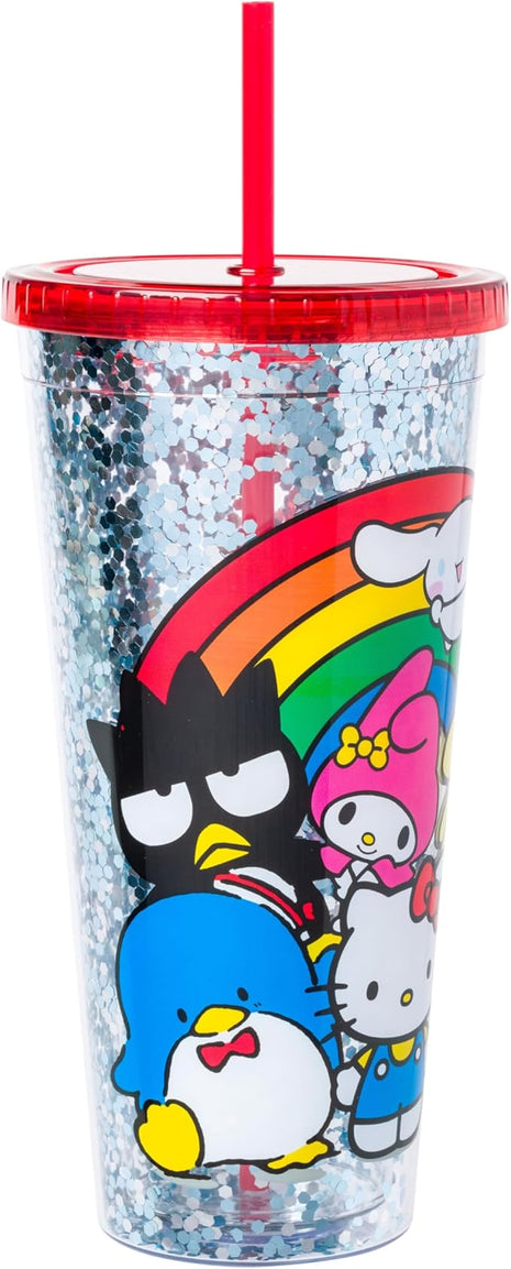 Silver Buffalo Sanrio Hello Kitty and Friends Featuring Cinnamoroll, Badtz-Maru, My Melody, Pompompurin, Tuxedo Sam, and Chococat Rainbow Plastic Confetti Cold Cup with Lid and Straw, 32 Ounces