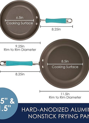 Rachael Ray 87643 Cucina Hard Anodized Nonstick Frying Pan Set / Fry Pan Set / Hard Anodized Skillet Set - 9.25 Inch and 11.5 Inch, Gray with Blue Handles