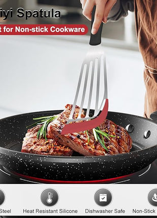 Beijiyi Fish Spatula Turner Set of 2, Heat Resistant Silicone Edge Slotted Fish Spatulas for Nonstick Cookware, Flexible and Thin Stainless Steel Kitchen Cooking Spatula Flipper for Fish, Egg, Pancake