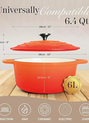 Nuovva Enamelled Cast Iron Dutch Oven Pot with Lid – 6.4 Quart Non Stick Casserole Pot – Heavy Duty & Oven Safe up to 500° F for Bread Baking, Braising, Stews, Roasting – 28cm Orange