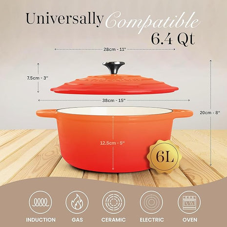 Nuovva Enamelled Cast Iron Dutch Oven Pot with Lid – 6.4 Quart Non Stick Casserole Pot – Heavy Duty & Oven Safe up to 500° F for Bread Baking, Braising, Stews, Roasting – 28cm Orange