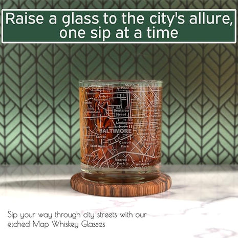 Greenline Goods Whiskey Glasses - 10 Oz Tumbler Set for Baltimore lovers, Etched with Baltimore City Map Old Fashioned Rocks Glass - Set of 2