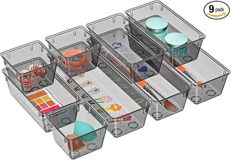 WOWBOX 9 Pack Clear Drawer Organizer Set, Acrylic Drawer Storage Trays, Storage Bins for Makeup, Cosmetics, Jewelries, Utensils, Gadgets, Office, Black