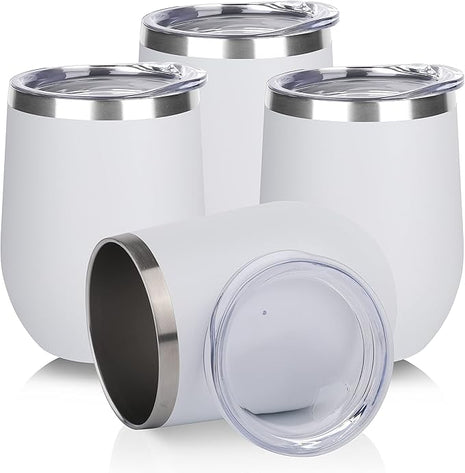 DOMICARE Stainless Steel Wine Tumbler Bulk with Lid, Personalized White Insulated Tumblers Set, 12oz Travel Coffee Cups Pack of 4