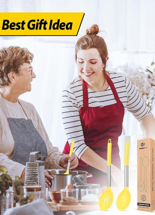 Pack of 2 Large Silicone Cooking Spoons,Non Stick Solid Basting Spoon,Heat-Resistant Kitchen Utensils for Mixing,Serving,Draining,Stirring (YELLOW)