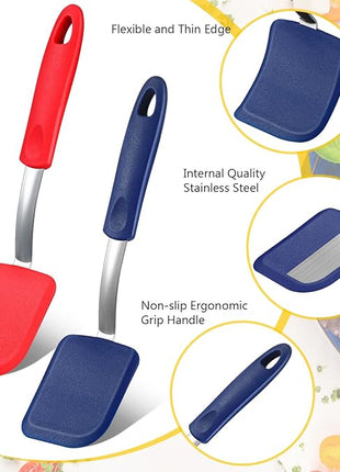 Silicone Cookie Spatula Turner 2 Pack Mini Brownie Spatula Flexible Kitchen Small Silicone Turner for Nonstick Cookware Heat Resistant No Scratch Flipper for Egg Pancake(Red,Blue)