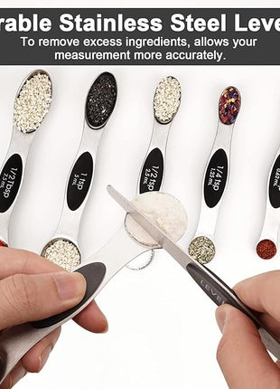 Aovchei 7 PCS Magnetic Measuring Spoons Set, Dual Sided, Stainless Steel Small Tablespoon, Teaspoons, Fits in Spice Jars, for Dry and Liquid, Black