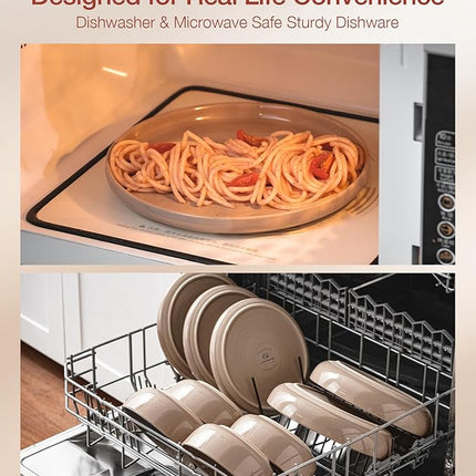 Famiware Milkyway Stoneware Dinnerware Sets with Mugs, Service for 4 (16pcs), Plates and Bowls Sets, Scratch Resistant, Microwave and Dishwasher Safe Dishes Set, Cinnamon Brown