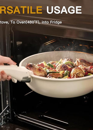 Astercook Ceramic Non-stick Cookware 21 Pcs Pots and Pans Set, Detachable Handle, RV Kitchen Non Stick Cooking Set Removable Handles, Oven Safe, Induction Ready, Stackable, Cream White