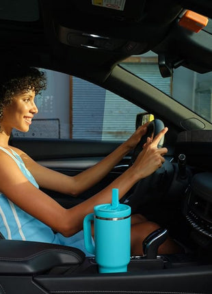 40 oz Tumbler with Handle and Straw: Stainless Steel Insulated Tumbler Keeps Cold for 24 Hours, Leakproof Travel Cup Fits in Cup Holder and BPA-Free,Aquamarine Blue