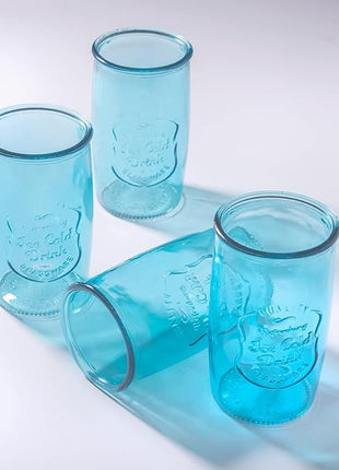 Glaver's Highball Glasses Set of 4 – 20oz Artistic Ice-Cold Pretty Blue – Vintage Glassware with Embossed Logo – Beverage Drinking Glasses for Water, Juice, Cocktails. Hand Wash.