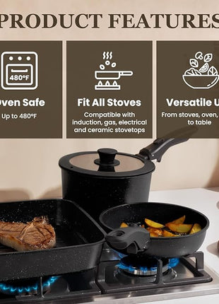 KIKCOIN 22 Pcs Pots and Pans Set Non Stick, Detachable Handle Cookware Sets Nonstick, RV Kitchen Cooking Set with Removable Handles, Frying Pans - Induction/Dishwasher/Oven Safe (Black)