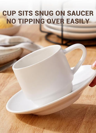 Lareina 8 Ounce Porcelain Cappuccino Cups Set of 4, Stackable Coffee Cups with Saucers, Spoons and Metal Stand -for Specialty Coffee Drinks, Cappuccino, Latte, Americano and Tea, White