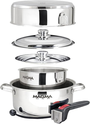 Magma 7 Piece Gourmet Nesting Stainless Steel Cookware Set, Induction Compatible, Oven Safe to 500°F - Suitable for All Stovetops, Removable Handles, Black