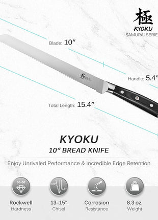KYOKU 10" Serrated Bread Knife, Samurai Series Serrated Knife for Homemade Bread Pastries with Pakkawood Handle, Japanese High Carbon Steel Cake Knife, Full Tang Bread Cutting Knife with Sheath & Case