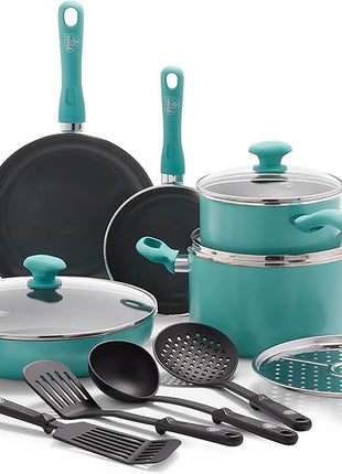GreenLife Soft Grip Diamond Healthy Ceramic Nonstick 13 Piece Cookware Pots and Pans Set, PFAS-Free, Dishwasher Safe, Turquoise, Diamond Cookware