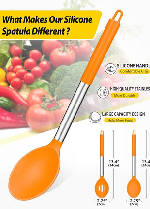 Pack of 2 Large Silicone Cooking Spoons,Non Stick Solid Basting Spoon,Heat-Resistant Kitchen Utensils for Mixing,Serving,Draining,Stirring (ORANGE)