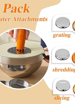 Mixing Bowls with Lids Set, 6 PCS Stainless Steel Mixing Bowls with 3 Grater Attachments, Kitchen Food Storage Organizers Nesting Mixing Bowl, Large Size 4.5, 3.5, 2.1, 1.5, 1.1, 0.7QT
