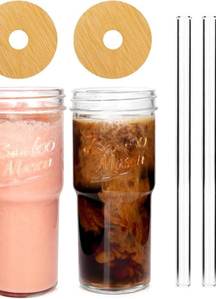 ANOTION Glass Cups with Lids and Straws 2 Packs, 24oz Travel Coffee Mug Wide Mouth Bamboo Mason Jar Iced Coffee Cup Smoothie Cup Glass Tumbler Tea Cup Clear Cute Water Cups Drinking Jars Glasses