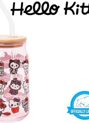Silver Buffalo Sanrio Hello Kitty and Friends Halloween Spooky Costumes Ghost Witch Vampire Zombie Frankenstein Skeleton Pink Glass Jar Tumbler with Bamboo Lid and Glass Straw, 16 Ounces (Pack of 12)