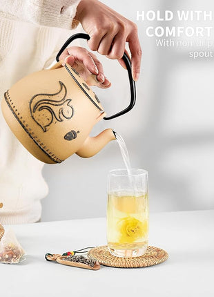 Toptier Teapot with Removable Infuser, Cast Iron Tea Kettle Stovetop Safe, Squirrel Design Tea Pot Coated with Enameled Interior for 32 Ounce (950 ml), Orange