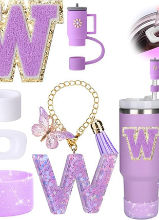 Mity rain 6PCS Cup Accessories Set for Stanley Cup 30oz 40oz tumbler with handle, Including Silicone Straw Topper Cover Cap and Boot, Spill Proof Stopper, Handle Charm, Initials Sticker (Letter W)