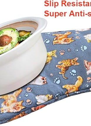 Oven Mitts Gloves 1 Pair Heat Resistant 480 ℉ Non Slip Clear Silicone Printed Cat Comfortable Cotton Lining Kitchen Men Cooking Barbecue Machine Washable (Cat, Blue Mitts)