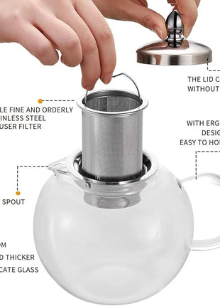 Small Teapot, Teapot with Infuser, Glass Tea Kettle Stovetop Safe, Blooming and Loose Leaf Tea Maker Set Gift for Women, 650ml/22oz