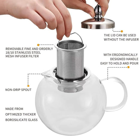 Small Teapot, Teapot with Infuser, Glass Tea Kettle Stovetop Safe, Blooming and Loose Leaf Tea Maker Set Gift for Women, 650ml/22oz