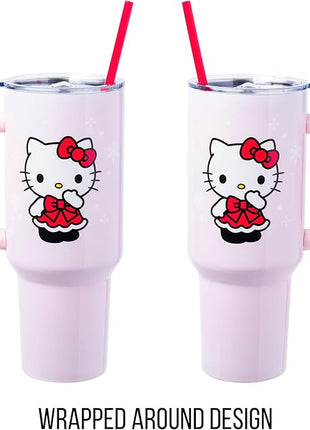 Silver Buffalo Sanrio Hello Kitty Christmas Holiday Dress and Matching Bow Snowflakes Stainless Steel Tumbler with Handle and Straw, Fits in Standard Cup Holder, 40 Ounces