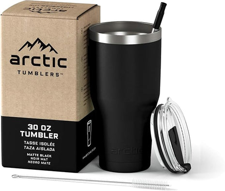 Arctic Tumblers | 30 oz Matte Black Insulated Tumbler with Straw & Cleaner - Retains Temperature up to 24hrs - Non-Spill Splash Proof Lid, Double Wall Vacuum Technology, BPA Free & Built to Last